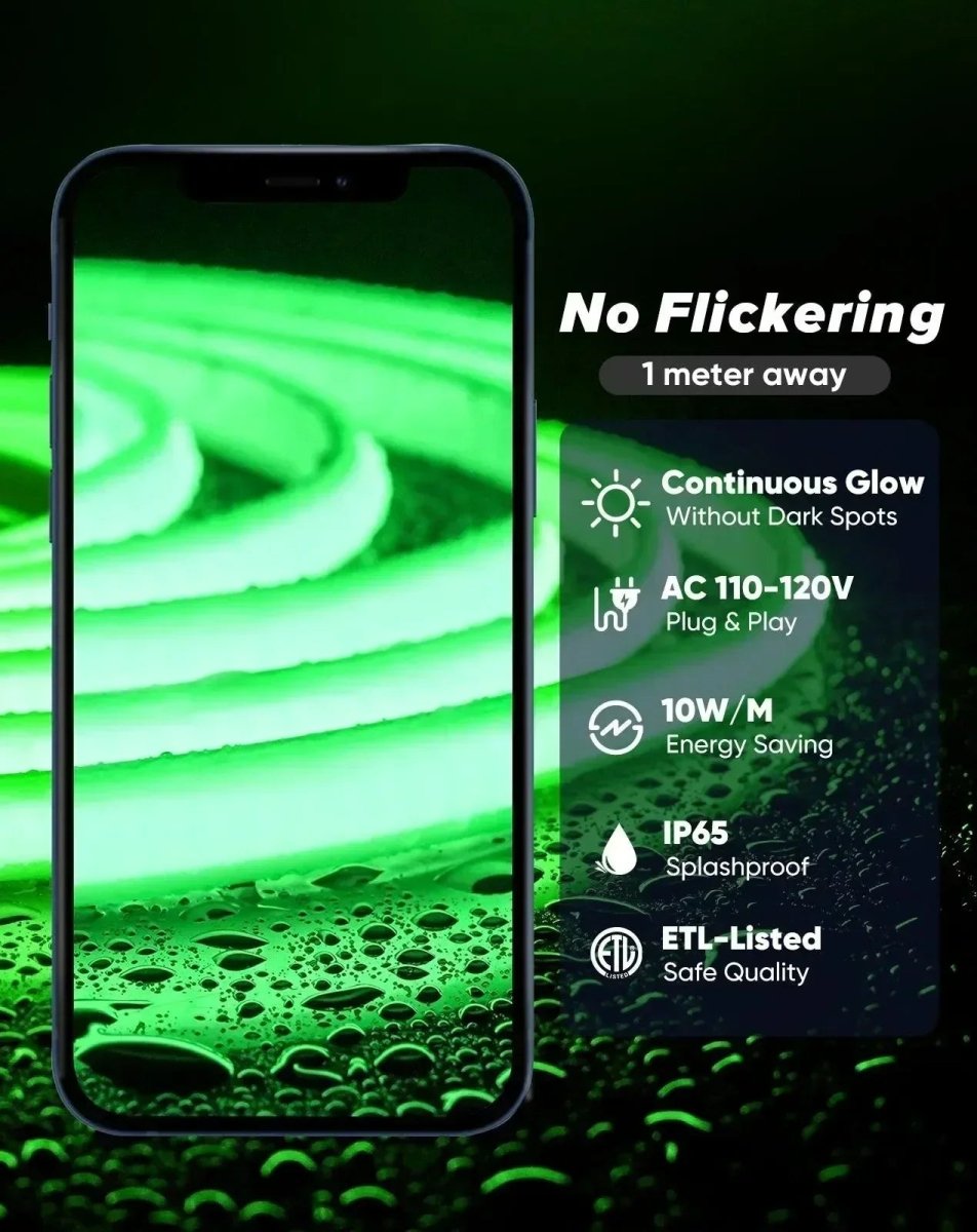 120V Ultra Bright, COB LED Neon Rope Light,Green Light 800Lumens/M - Shine Decor