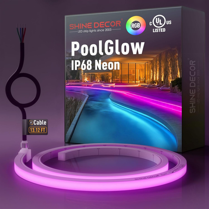 Shine Decor PoolGlow IP68 Neon LED strip with packaging and cable on a dark background