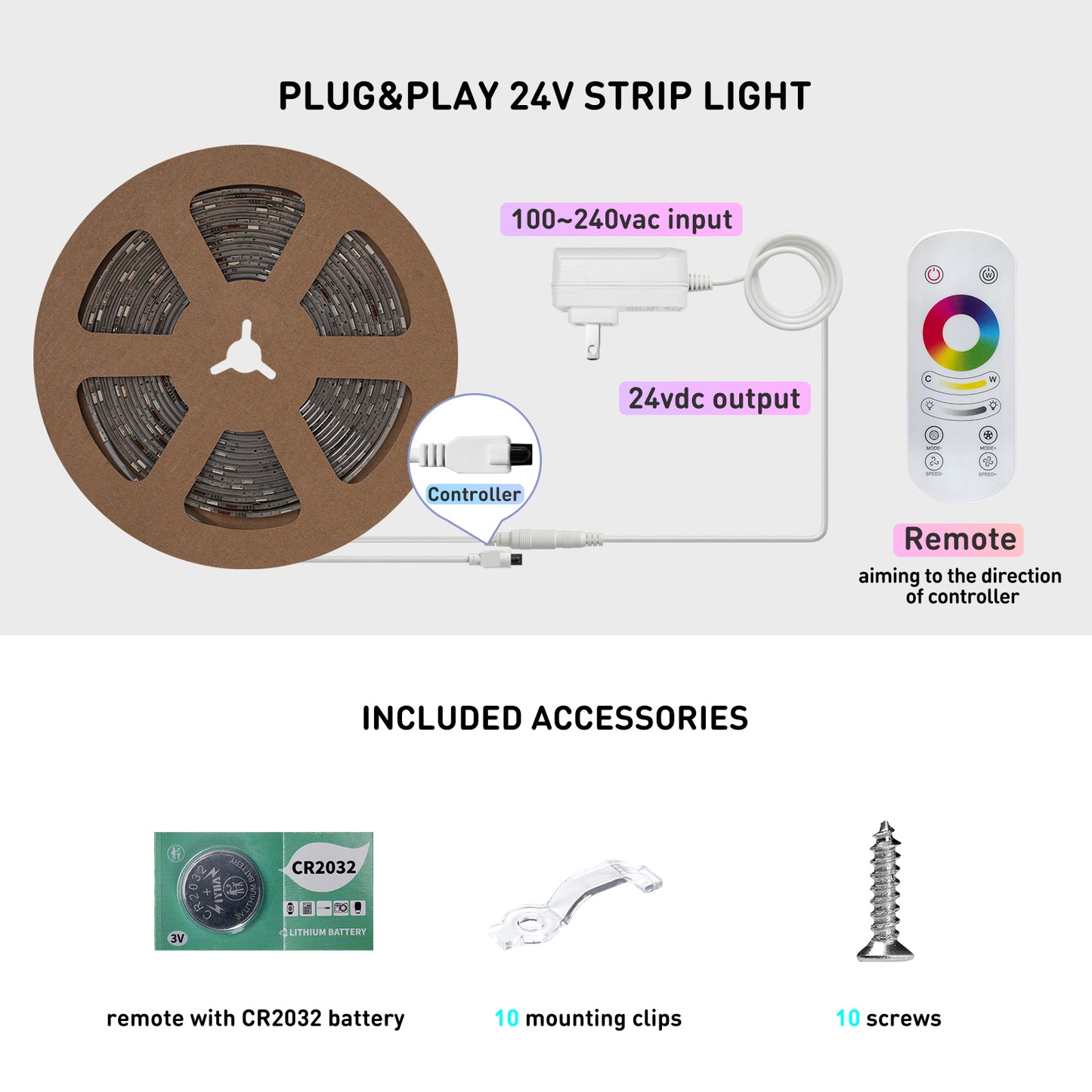 Shine Decor LED Strip Light RGBWW +CCT +IC, Multi Functions Warm/Cool White Tunable Bright Dimmable Color Chasing, Flexible Adhesive 16.4FT with Remote & 24V ETL Power for Indoor Remote Control Remote Control