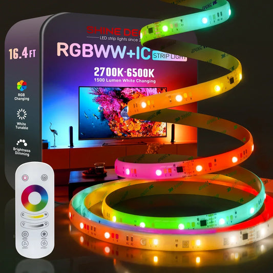 24V 16FT RGBWW Led Strip RGB+CCT+ IC Funtion LED Tape Light Remote Control