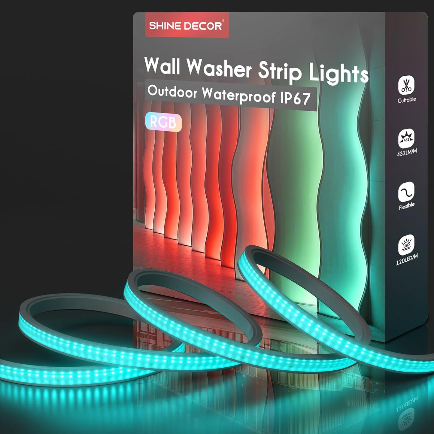 24V Flexible RGB Wall Washer LED Strip - UL Listed IP67 Waterproof Linear Grazer Light