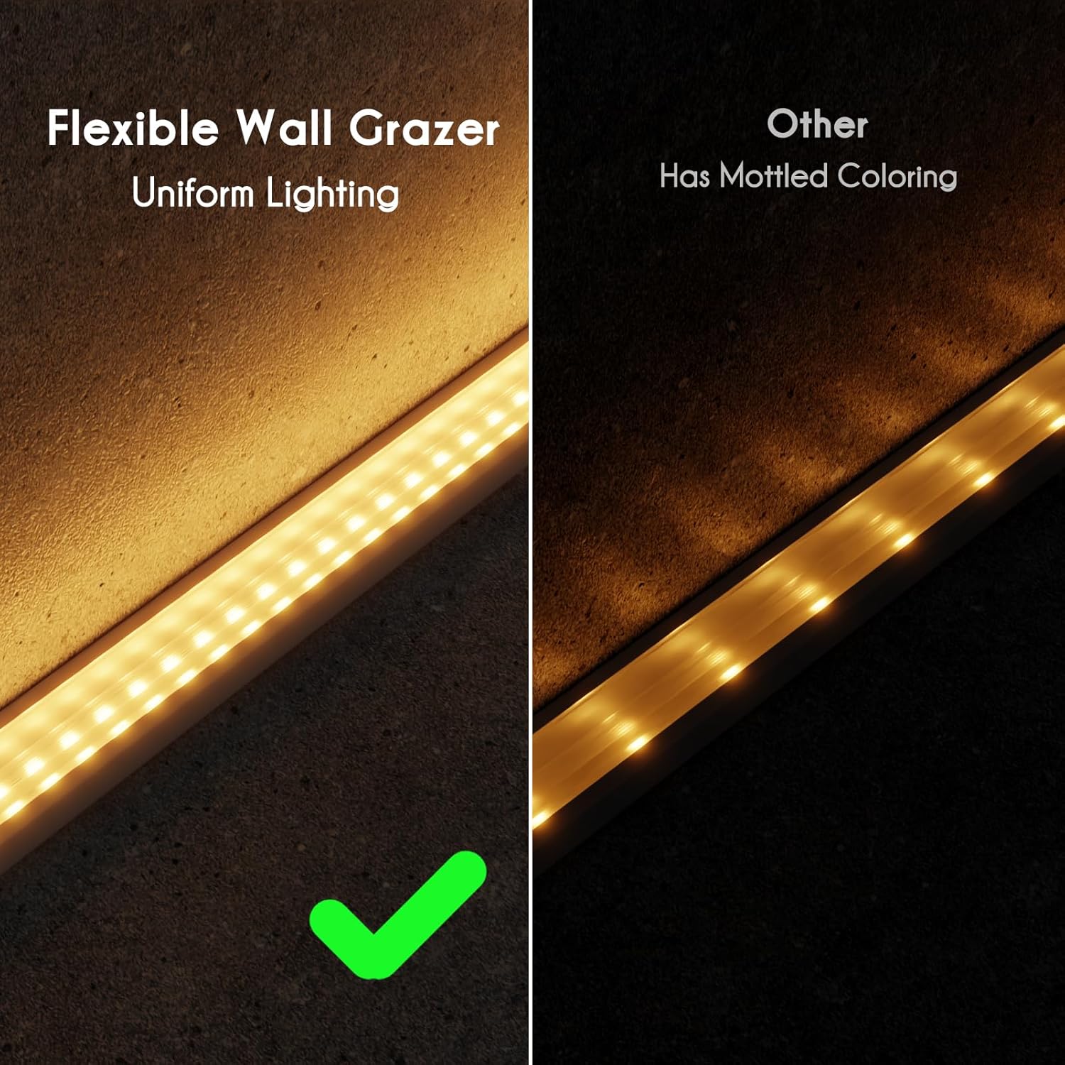 Comparison of LED strip lights labeled 'Flexible Wall Grazer' with uniform lighting and 'Other' with mottled coloring.