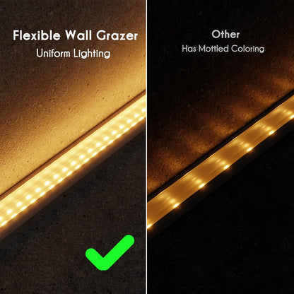 Comparison of LED strip lights labeled 'Flexible Wall Grazer' with uniform lighting and 'Other' with mottled coloring.