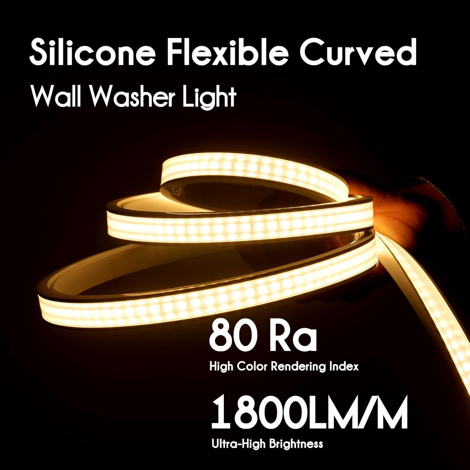 Silicone flexible curved wall washer light with 80 Ra and 1800LM/M specifications on a black background.
