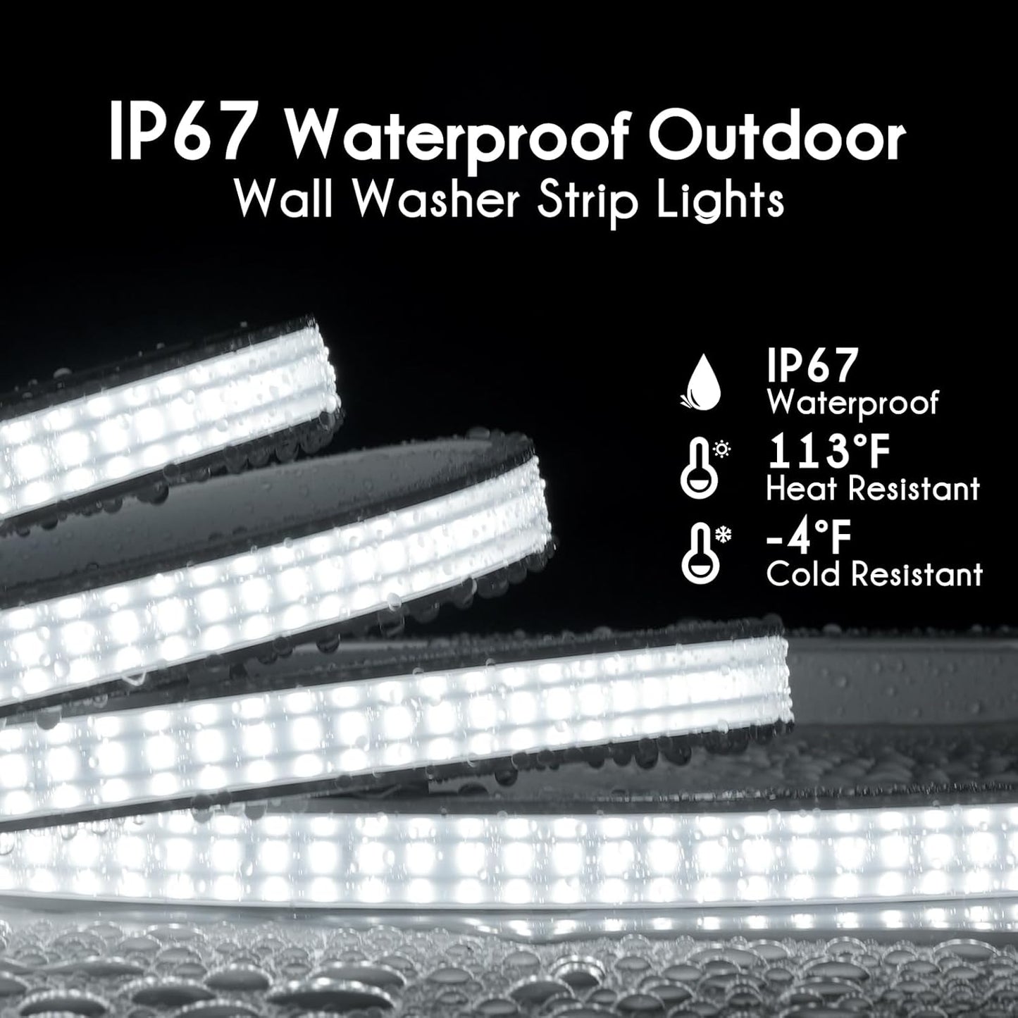 IP67 waterproof outdoor wall washer strip lights with temperature resistance indicators on a black background.