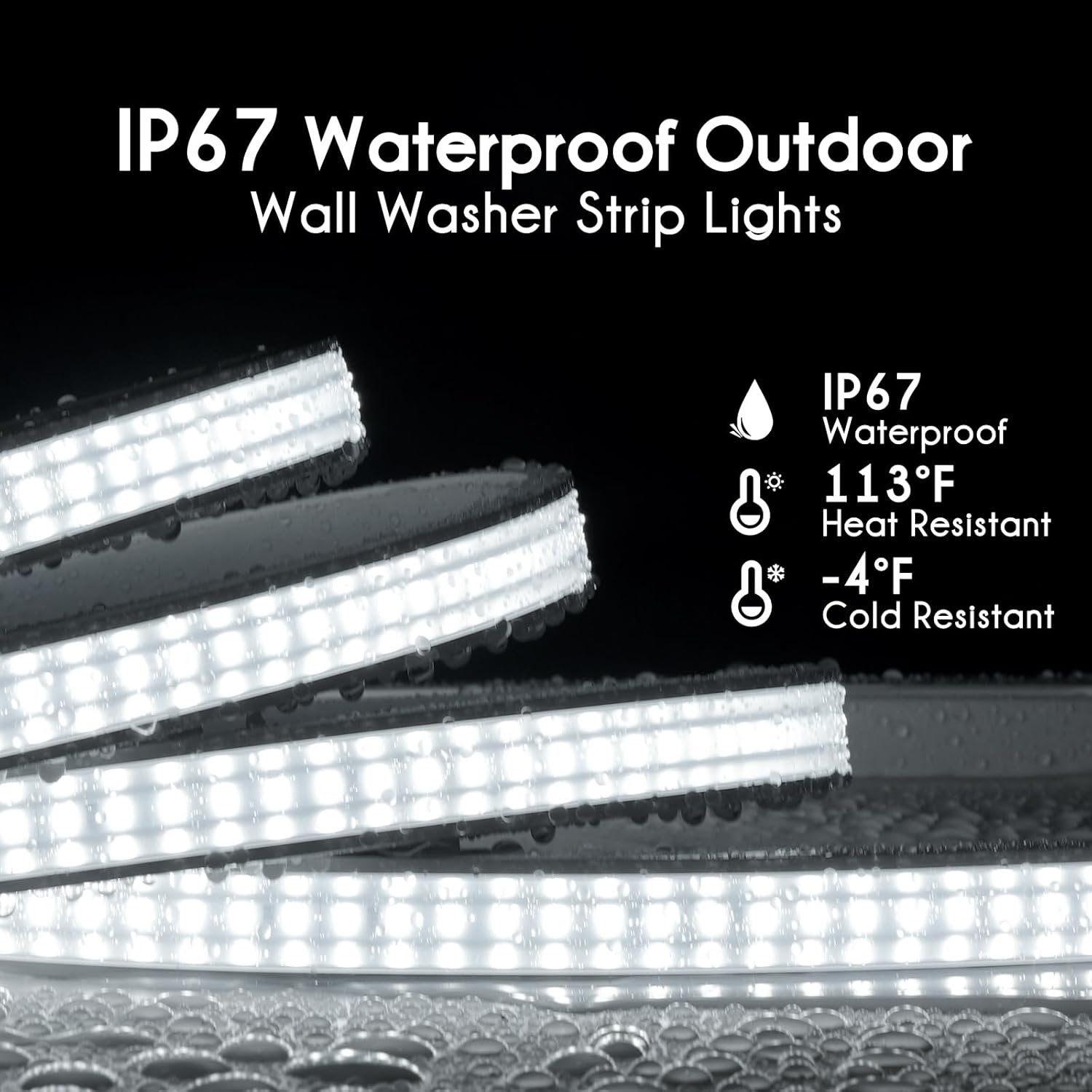 IP67 waterproof outdoor wall washer strip lights with temperature resistance indicators on a black background.