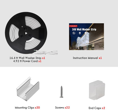 Product set with wall washer strip, power cord, mounting clips, screws, and end caps on a white background.