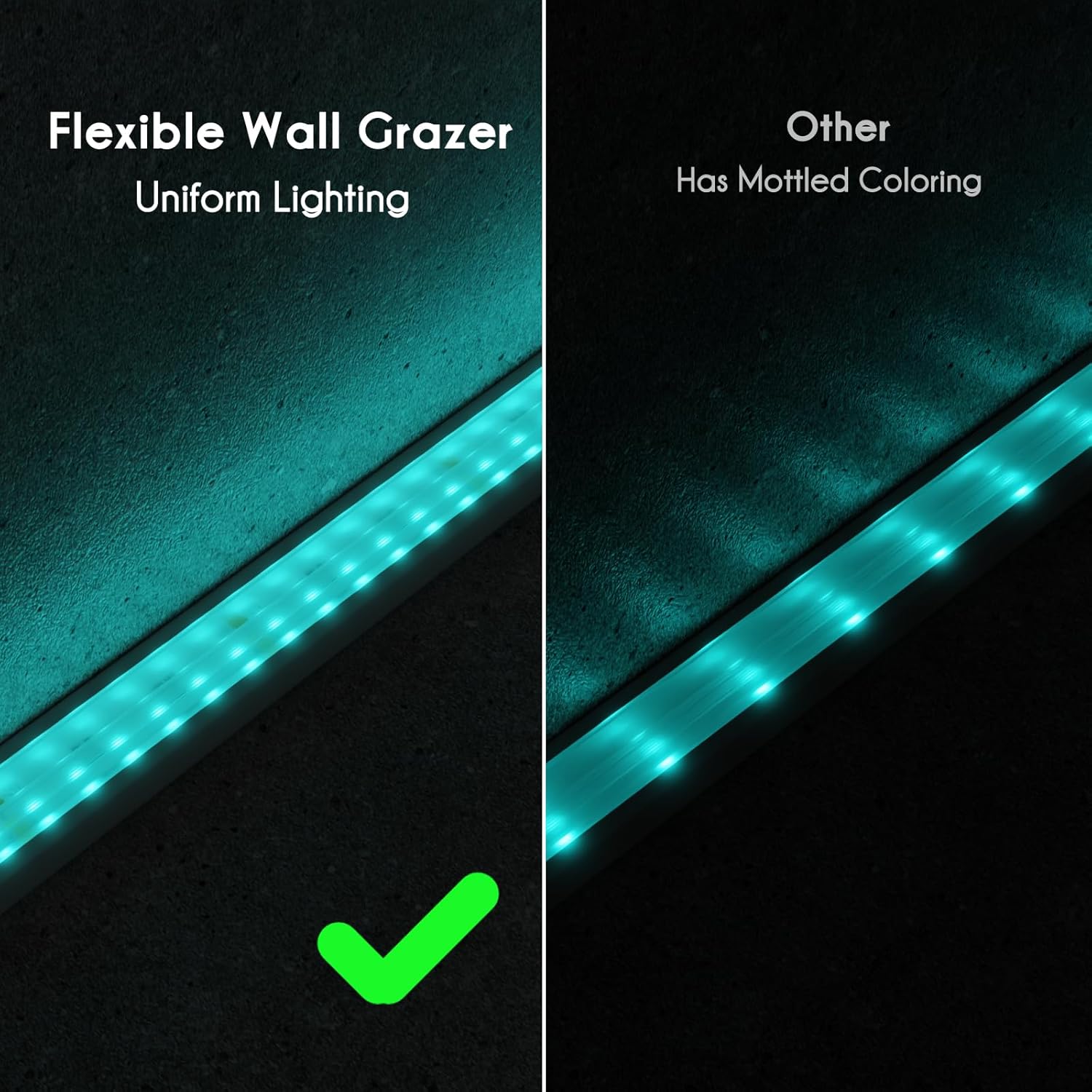 Comparison of 'Flexible Wall Grazer' LED strip lighting with 'Other' lighting on a dark background.