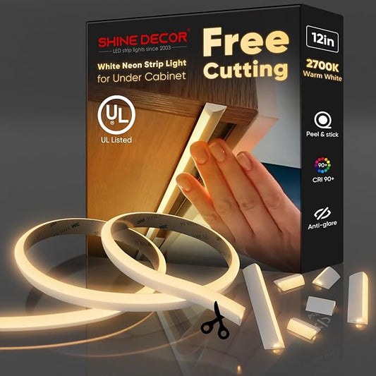 Shine Decor LED strip light packaging with neon strip and tools on a dark background