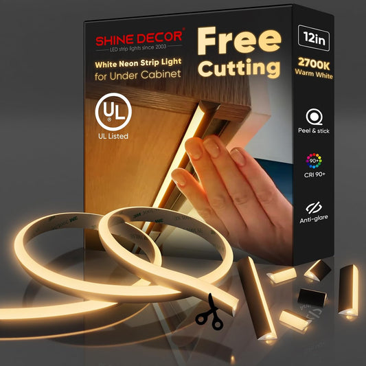 Shine Decor LED strip light packaging with neon strip and hand holding it.
