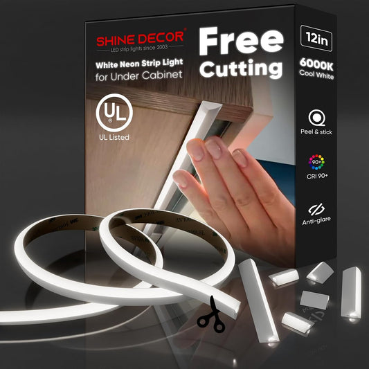 Shine Decor LED strip light packaging with neon strip and hand holding it on a dark background