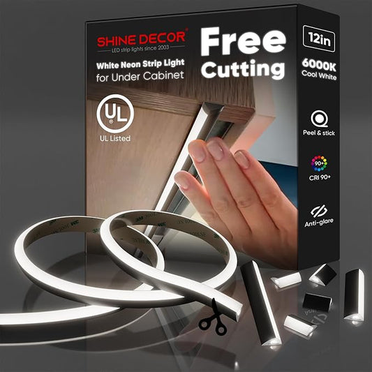 Shine Decor LED neon strip light packaging with strip and hand holding it on a dark background
