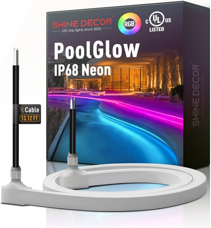 Shine Decor PoolGlow IP68 Neon LED strip lights packaging with cable on a white background