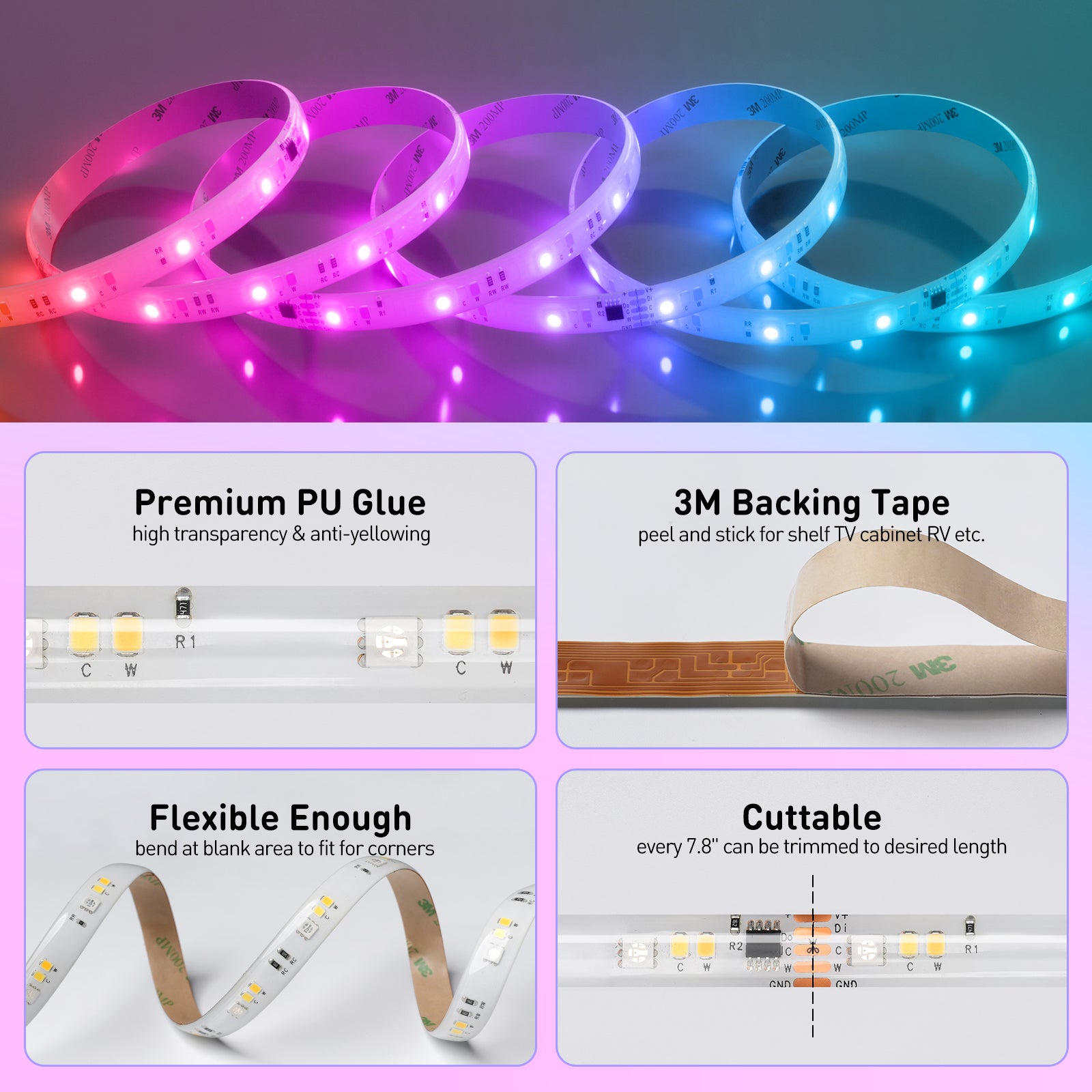 24V 16FT RGBWW Led Strip RGB+CCT+ IC Funtion LED Tape Light Remote Control - Shine Decor