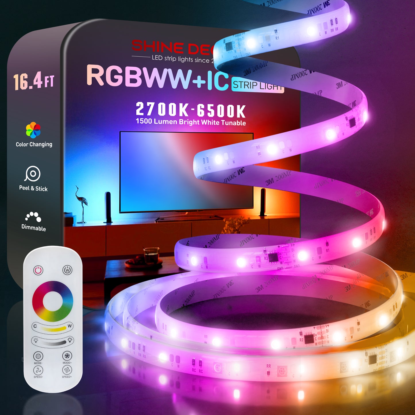 24V 16FT RGBWW Led Strip RGB+CCT+ IC Funtion LED Tape Light Remote Control - Shine Decor