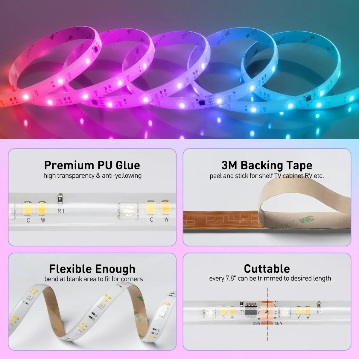 24V 16FT RGBWW Led Strip, RGB+CCT+ IC Funtion LED Tape Light, Remote Control - Shine Decor