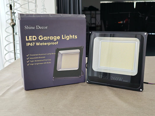 Shine Decor 260W Equivalent LED Garage Light, IP67 Waterproof Parking Lot Lights with Thickened Aluminum Body, 26000LM Ultra Bright Shop Light with Adjustable Bracket for Garage Parking Decks