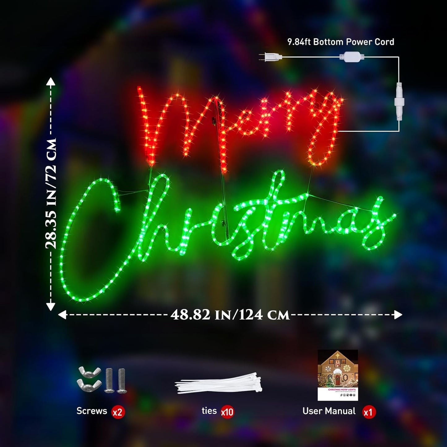 LED 'Merry Christmas' sign with measurements and components on a dark background