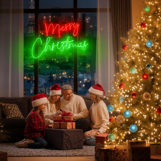Family gathered around a Christmas tree with presents, illuminated by festive lights and a 'Merry Christmas' sign.
