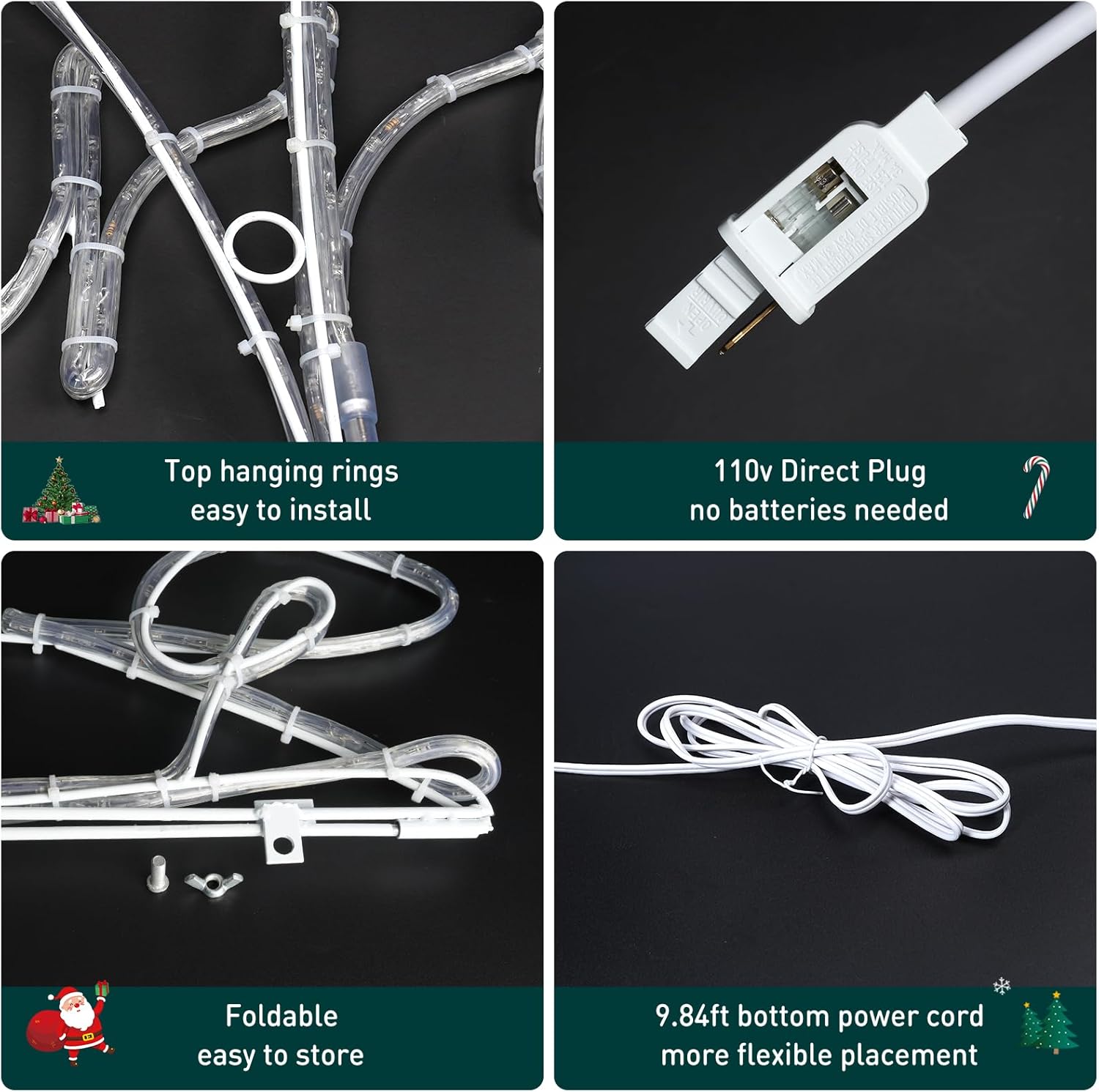 Product features of LED string lights including hanging rings, plug, foldable design, and power cord.