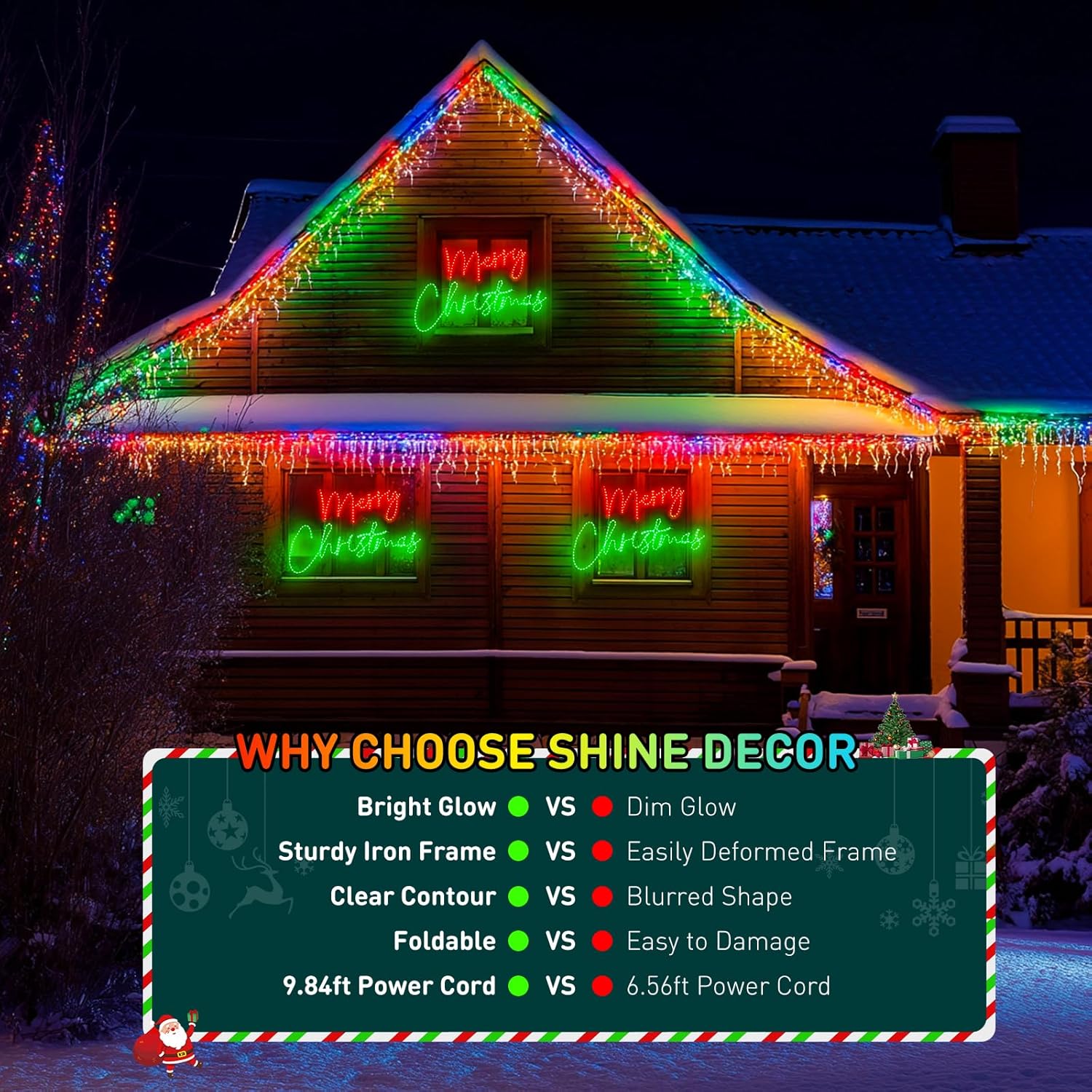House exterior with Christmas lights and 'Merry Christmas' signs, featuring Shine Decor branding.