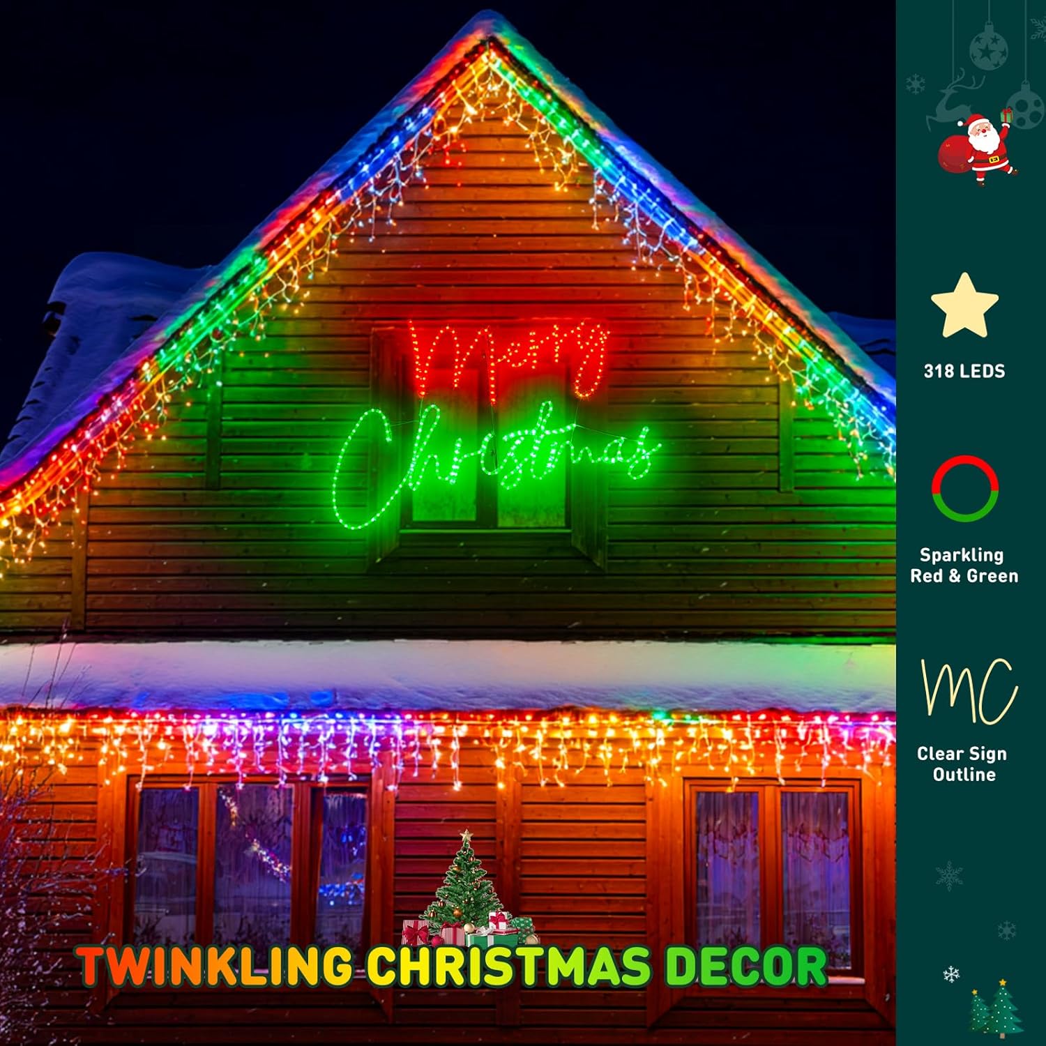 Wooden house decorated with colorful Christmas lights and a 'Merry Christmas' sign.