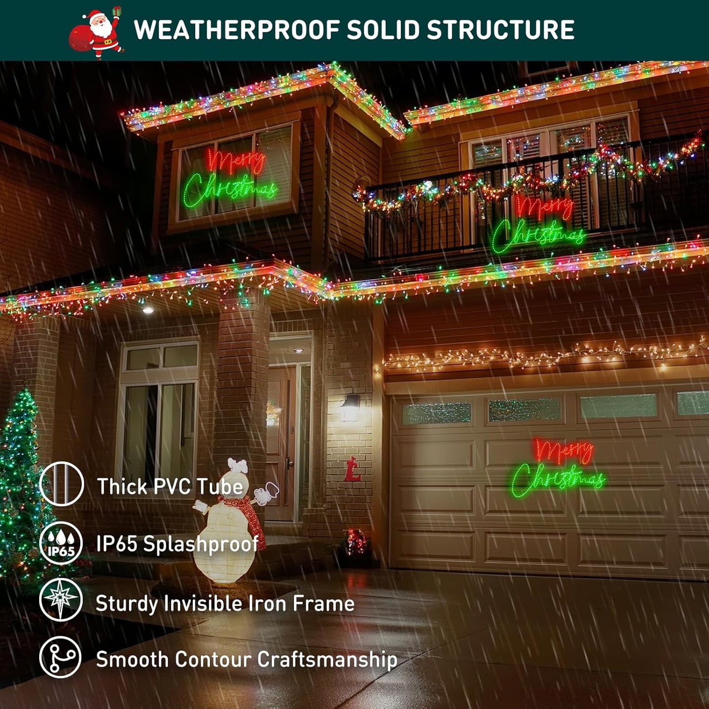 Decorative Christmas lights on a house exterior with weatherproof solid structure features highlighted.