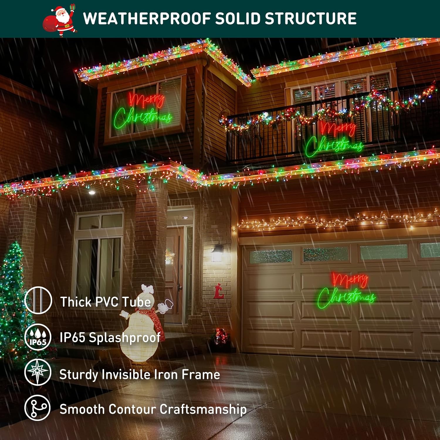 Decorative Christmas lights on a house exterior with weatherproof solid structure features highlighted.