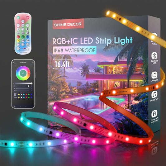 RGB+IC LED strip light set with remote control and smartphone app, displayed against a dark background