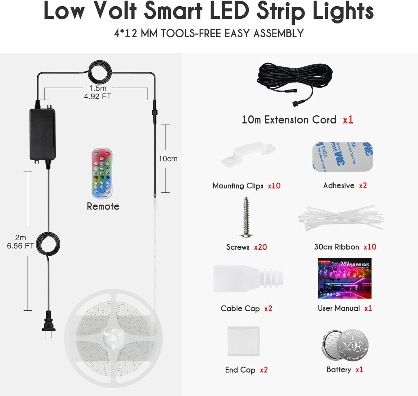 Low Volt Smart LED Strip Lights with components and accessories on a white background