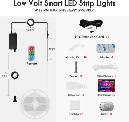 Low Volt Smart LED Strip Lights with components and accessories on a white background