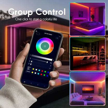 Smartphone controlling LED strip lights with lifestyle images of a bedroom, kitchen, and living room.