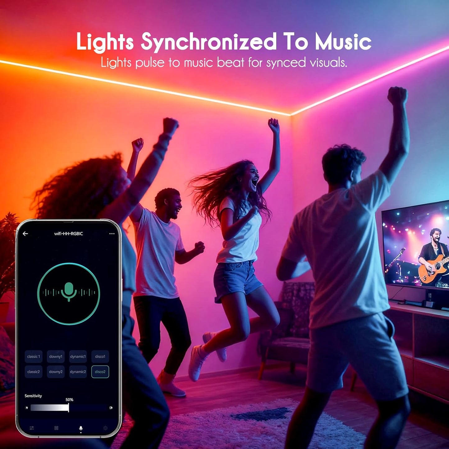 People dancing in a room with synchronized lights and a smartphone app interface.
