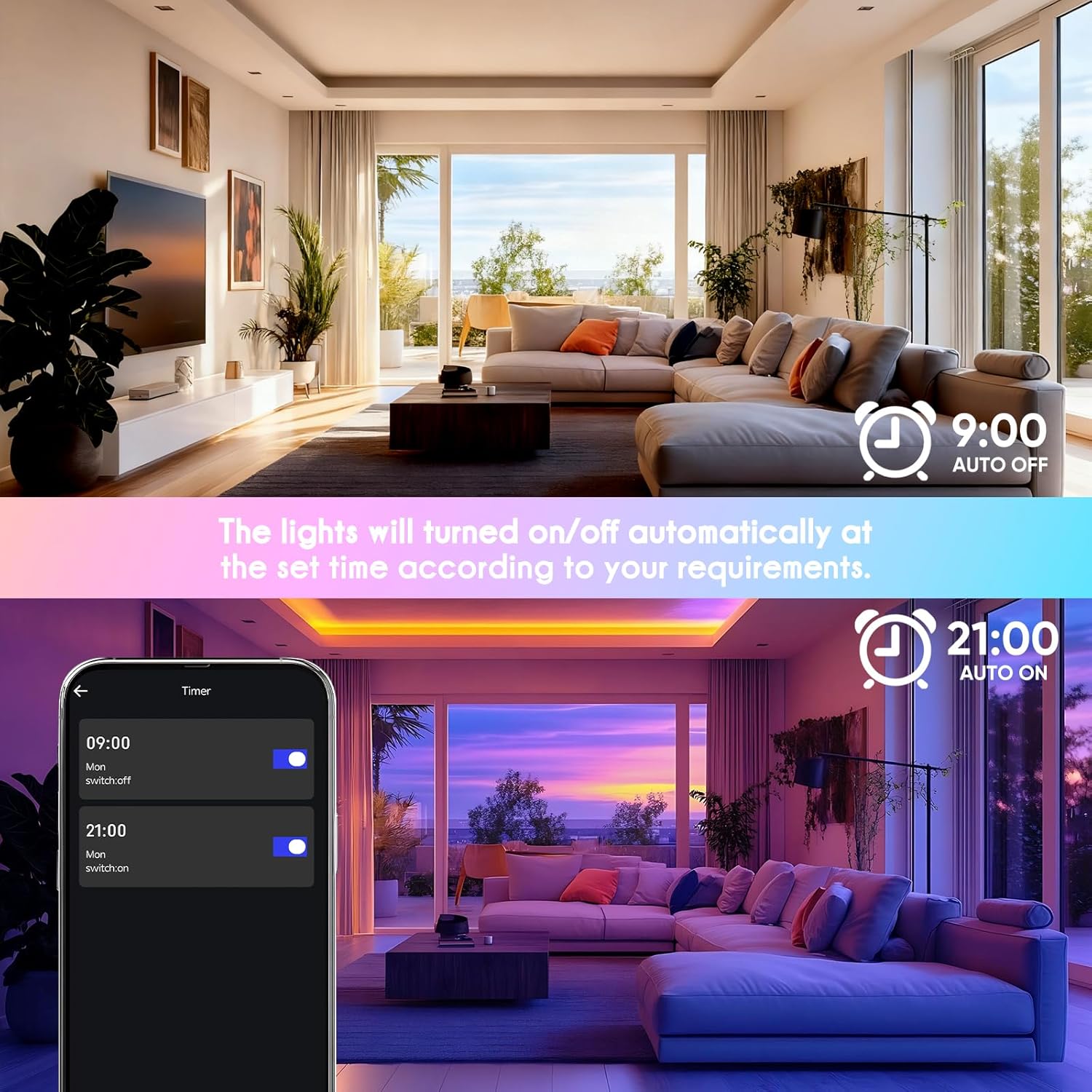 Modern living room with smart home controls and automatic lighting system.