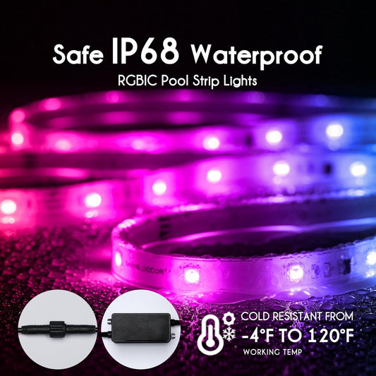 RGBIC pool strip lights with safety features on a dark background