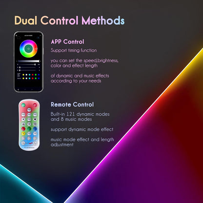 Dual control methods for a device with app control and remote control options on a dark background.