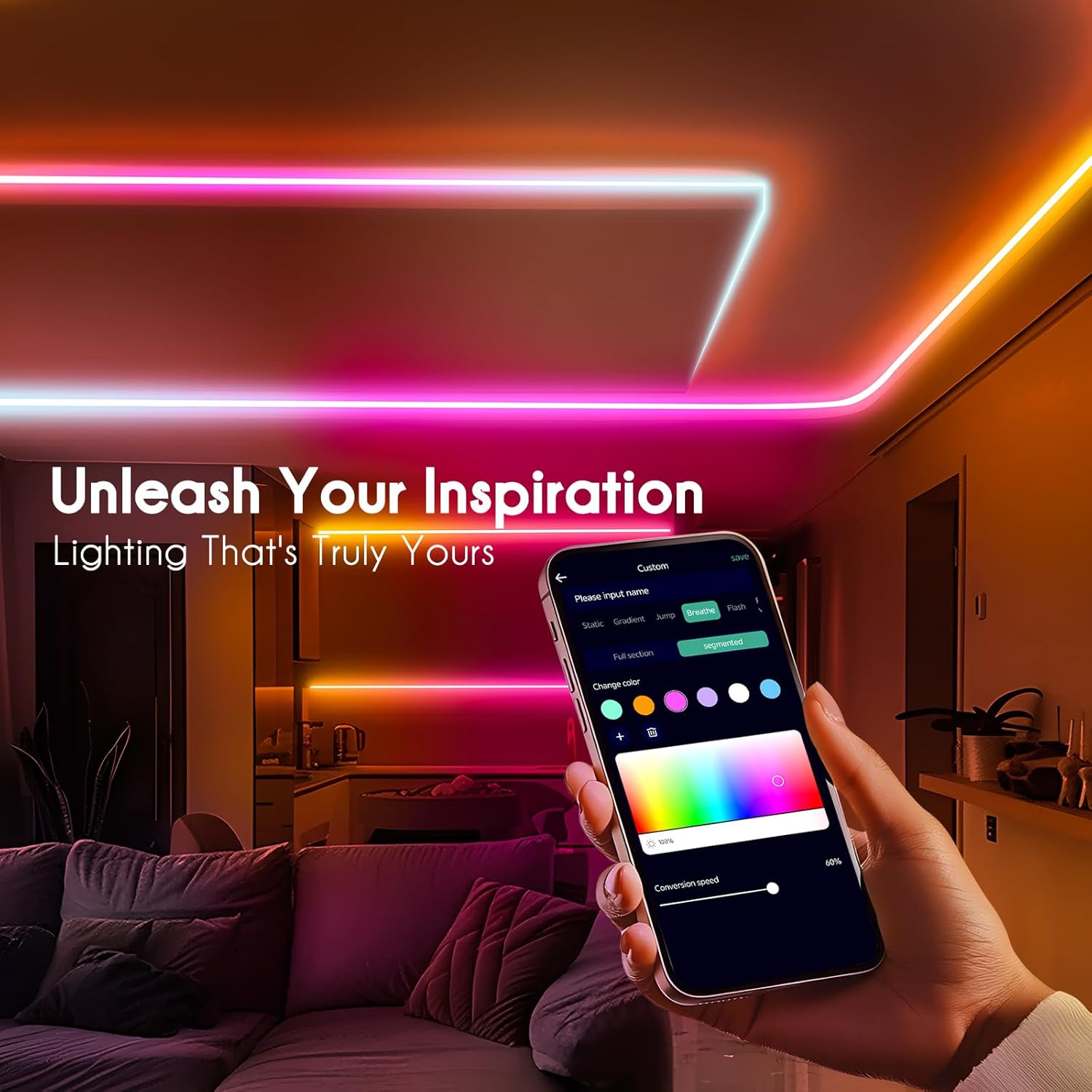 Smartphone controlling LED strip lights with 'Unleash Your Inspiration' text in a modern living room.