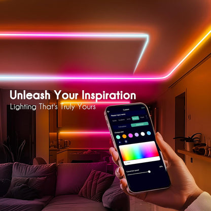 Smartphone controlling LED strip lights with 'Unleash Your Inspiration' text in a modern living room.