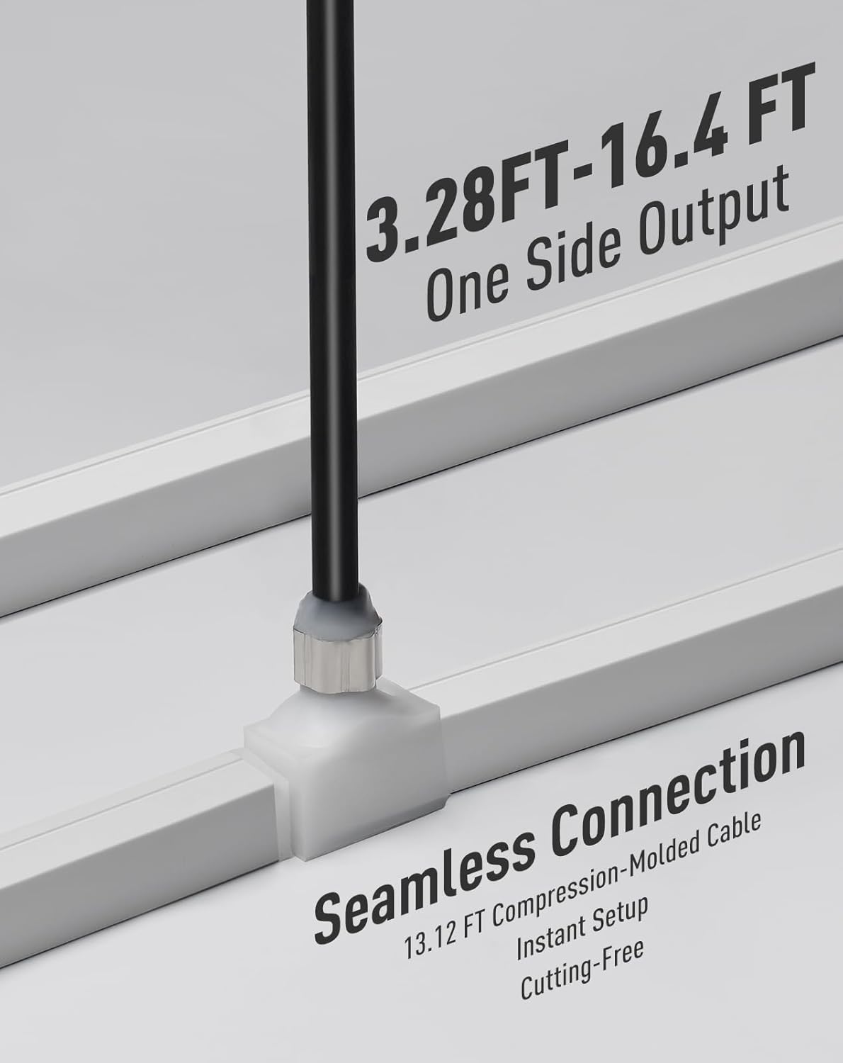 Close-up of a cable with text indicating length and features on a white background