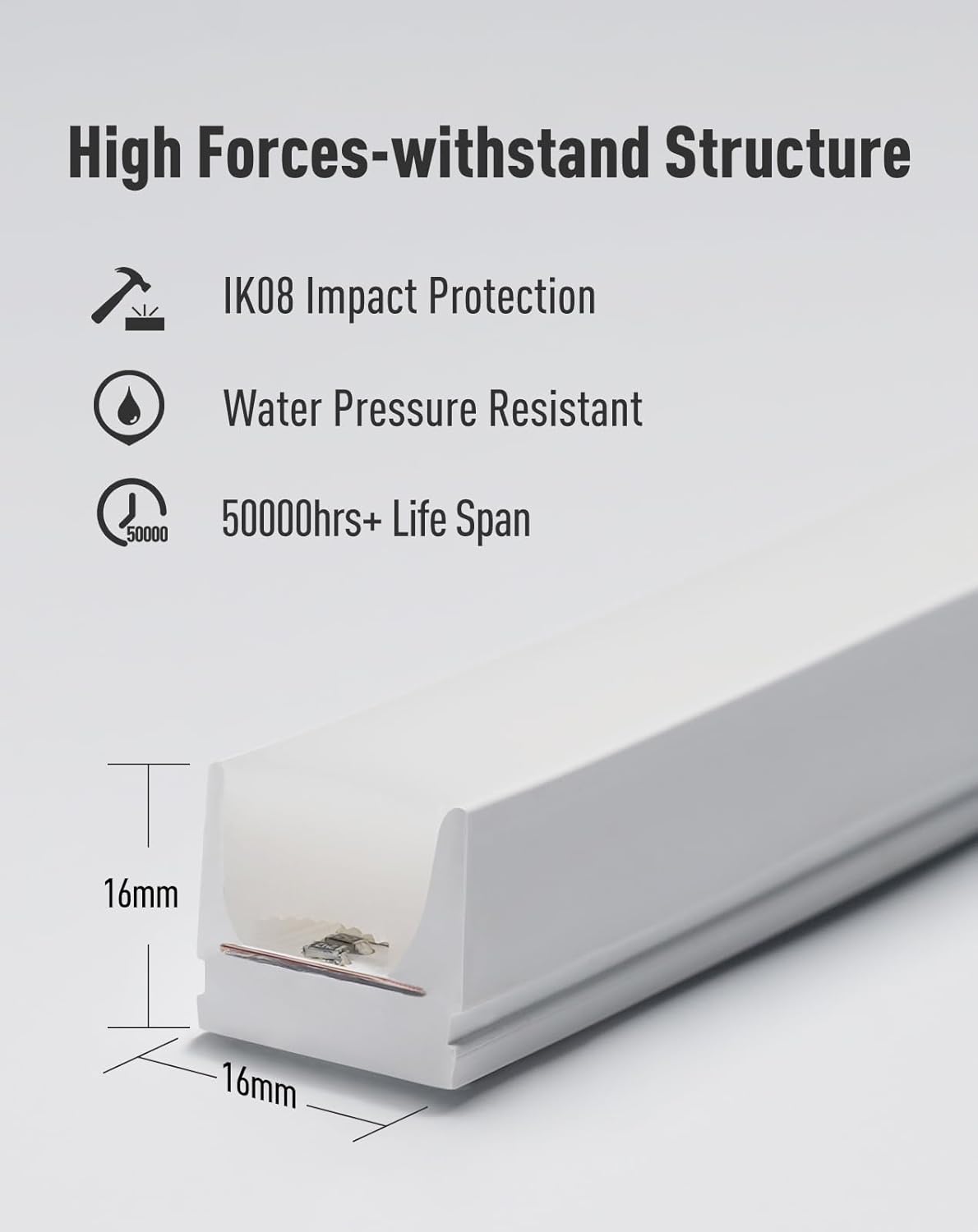 Product feature card with text on high forces withstand structure, IK08 impact protection, water pressure resistance, and lifespan.