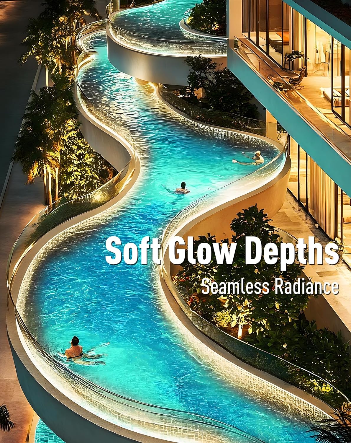 Luxury pool with modern architecture and people swimming, labeled 'Soft Glow Depths