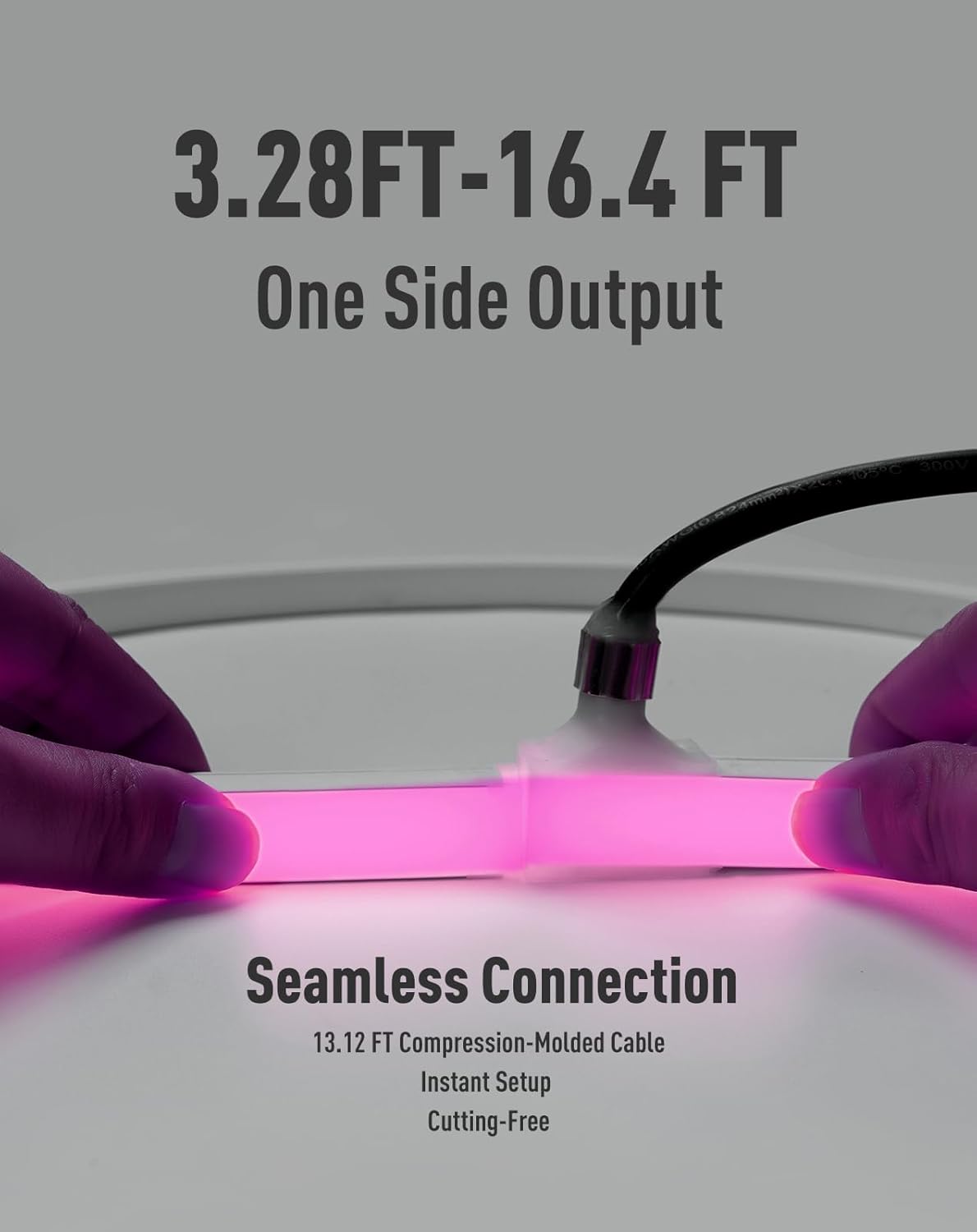 Cable with hands holding it, labeled '3.28FT-16.4 FT One Side Output' on a gray background.