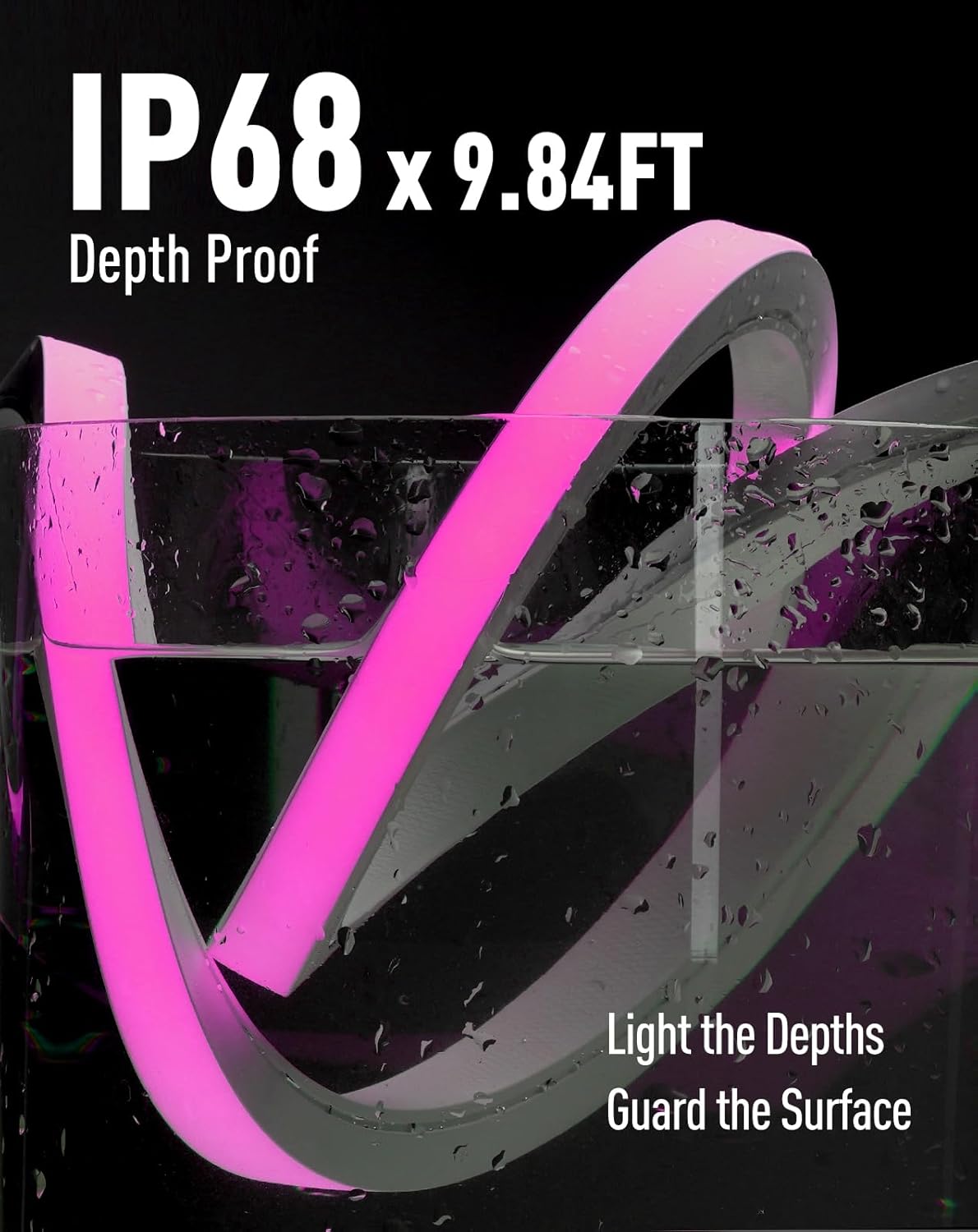 RGB LED light strip with text about IP68 rating and product features on a black background