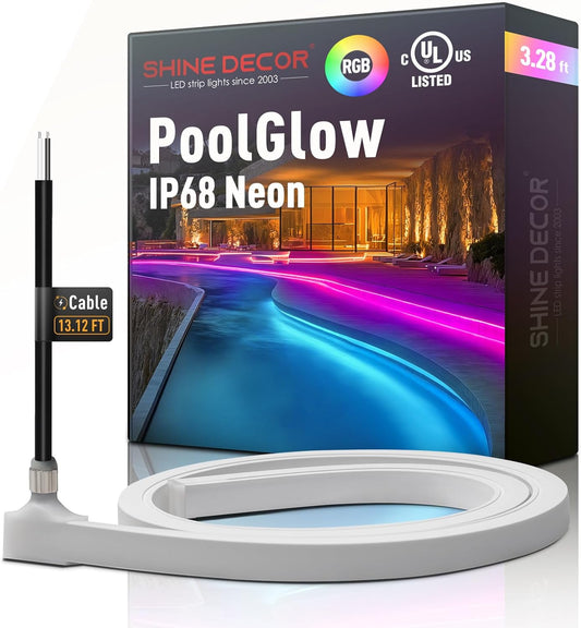 Shine Decor PoolGlow IP68 Neon LED strip lights packaging with cable on a white background