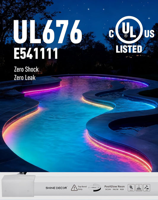Pool with illuminated LED lights and UL listed certification at night.