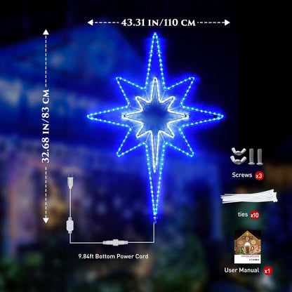Decorative blue Star of Bethlehem star light with measurements and included items on a dark background
