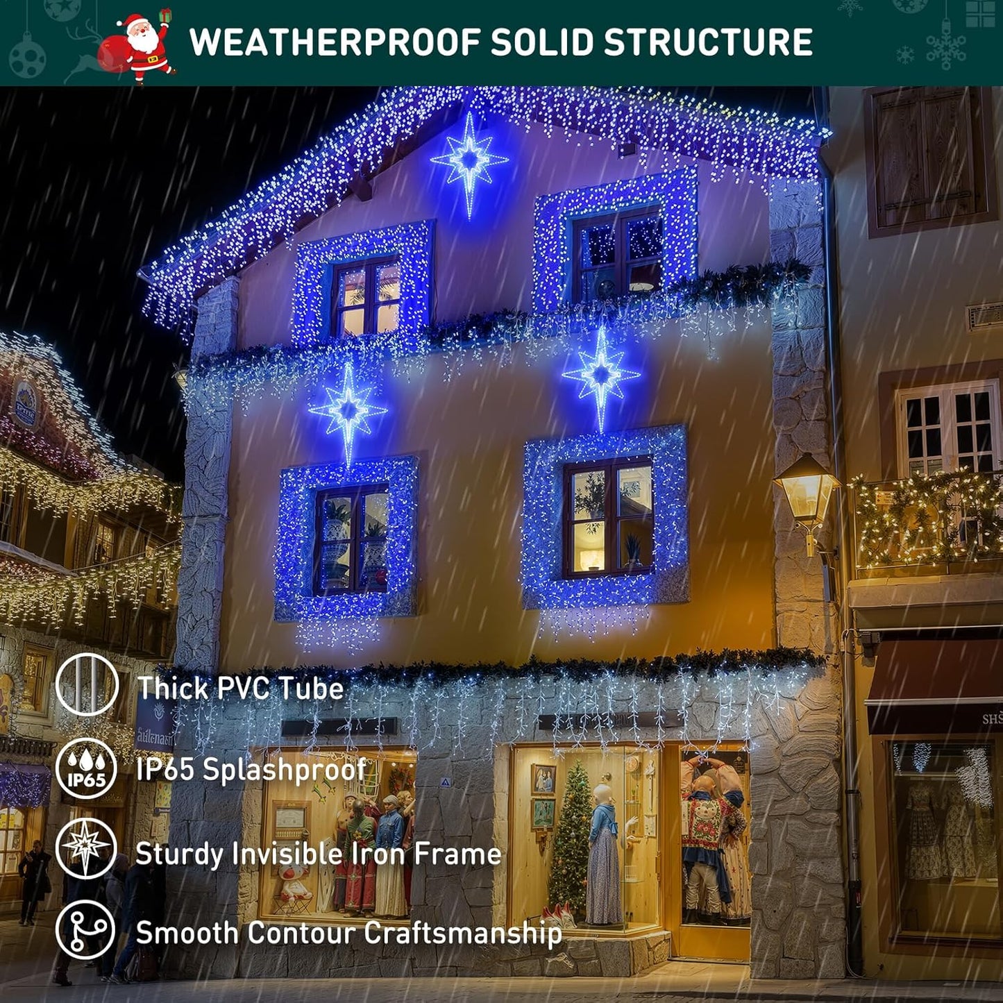 Decorative building facade with blue lights and festive decorations, featuring text about weatherproof solid structure.