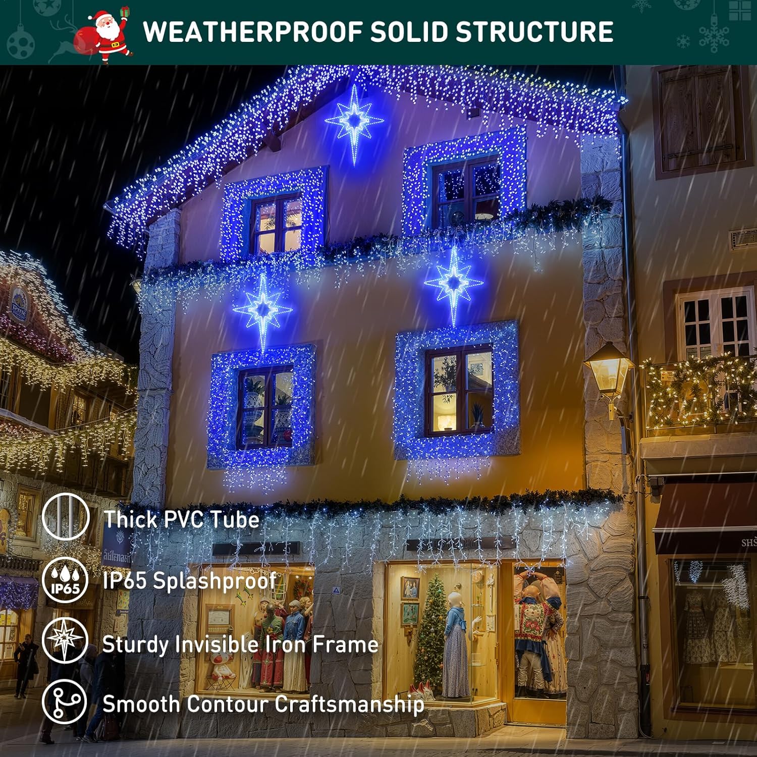 Decorative building facade with blue lights and festive decorations, featuring text about weatherproof solid structure.