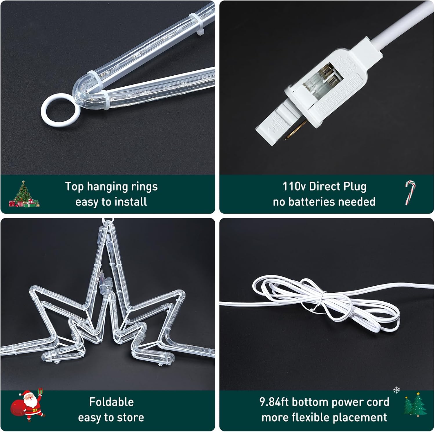 Collage of LED light string features including top hanging rings, 110v direct plug, foldable design, and power cord.