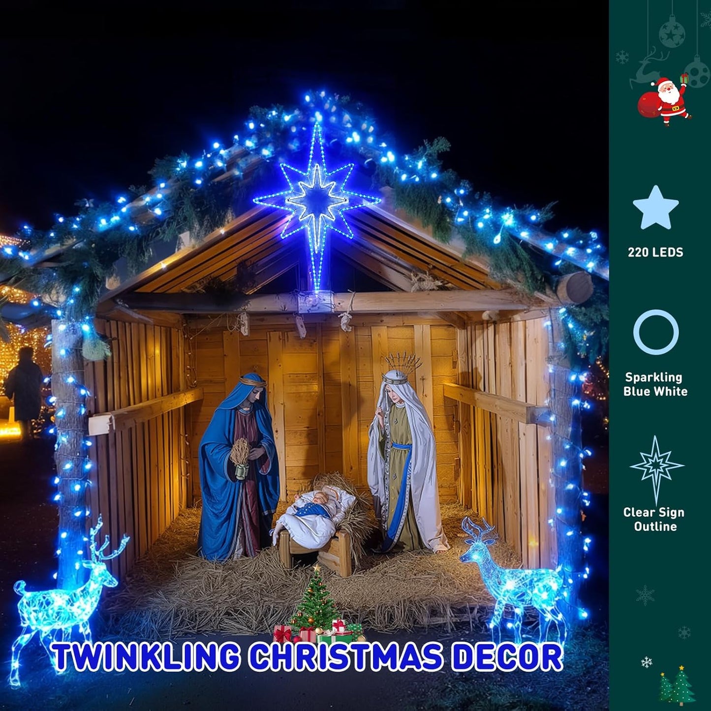 Nativity scene with twinkling Christmas lights and decorations on a dark background